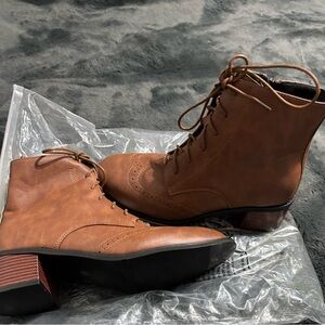 Cognac Leather Lace-Up Boots with Wooden Heel